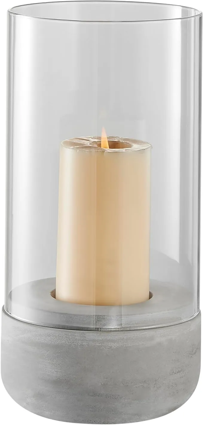 Danya B. Modern Cool Gray Cement Base and Glass Pillar Hurricane Candle Holder (Large)