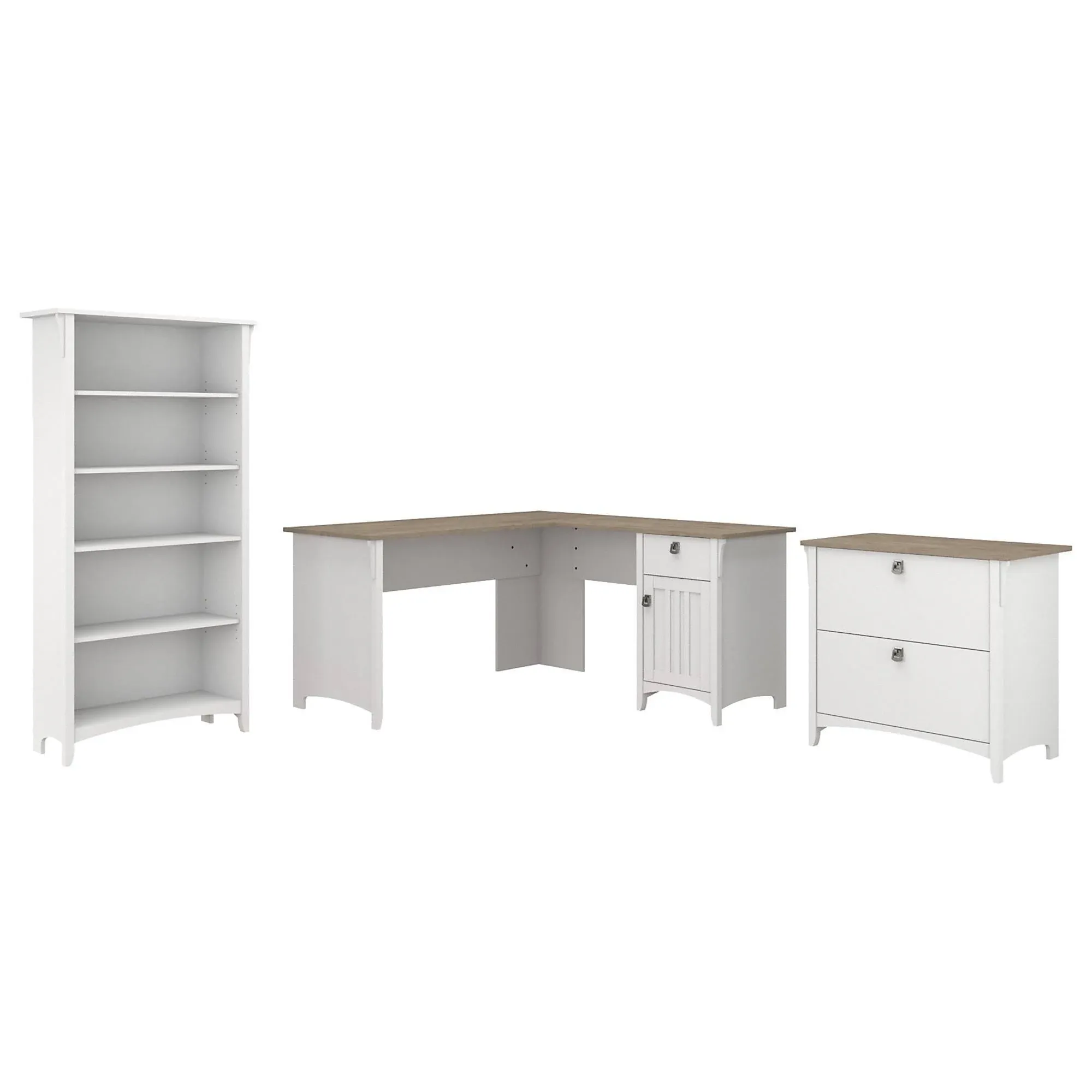 Bush Furniture Salinas 60W L Shaped Desk with Lateral File Cabinet and 5 Shelf Bookcase in Antique White