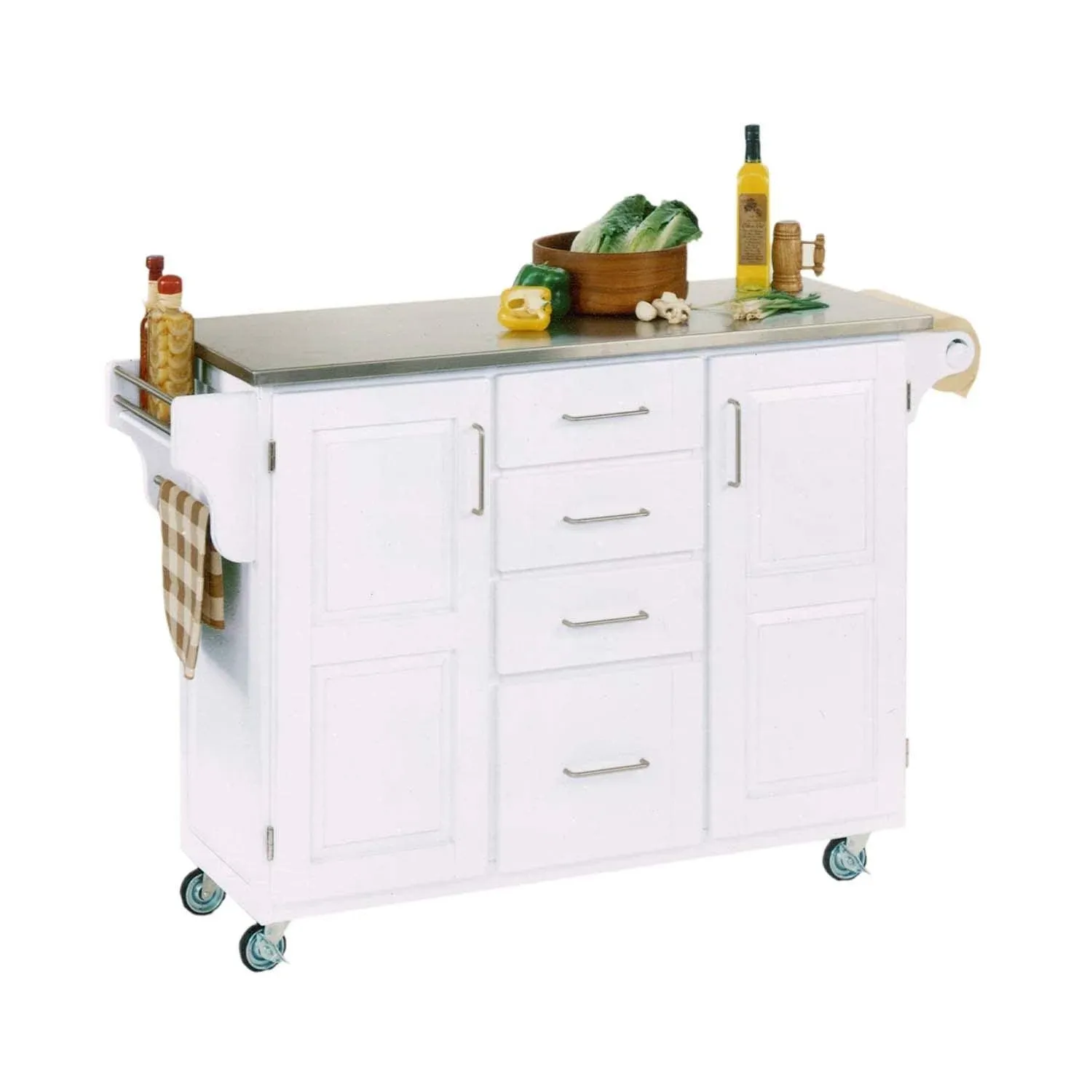 Modern Kitchen Cart, 2 Doors and 4 Utility Drawers With Stainless Stool, Off Whi