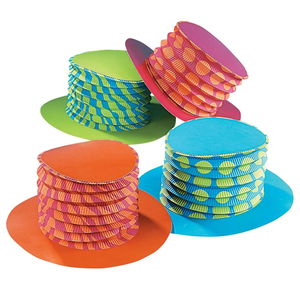 24 circ. Bright Colors & Patterns Accordion Top Hats - 12 Pc.