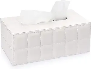 Sumnacon Rectangular Leather Tissue Box Cover - Stylish Tissue Box Holder with Magnetic Bottom, Decorative PU Tissue Box for Vanity Dresser Night Stand Table Countertop Home Office Car,Grid White