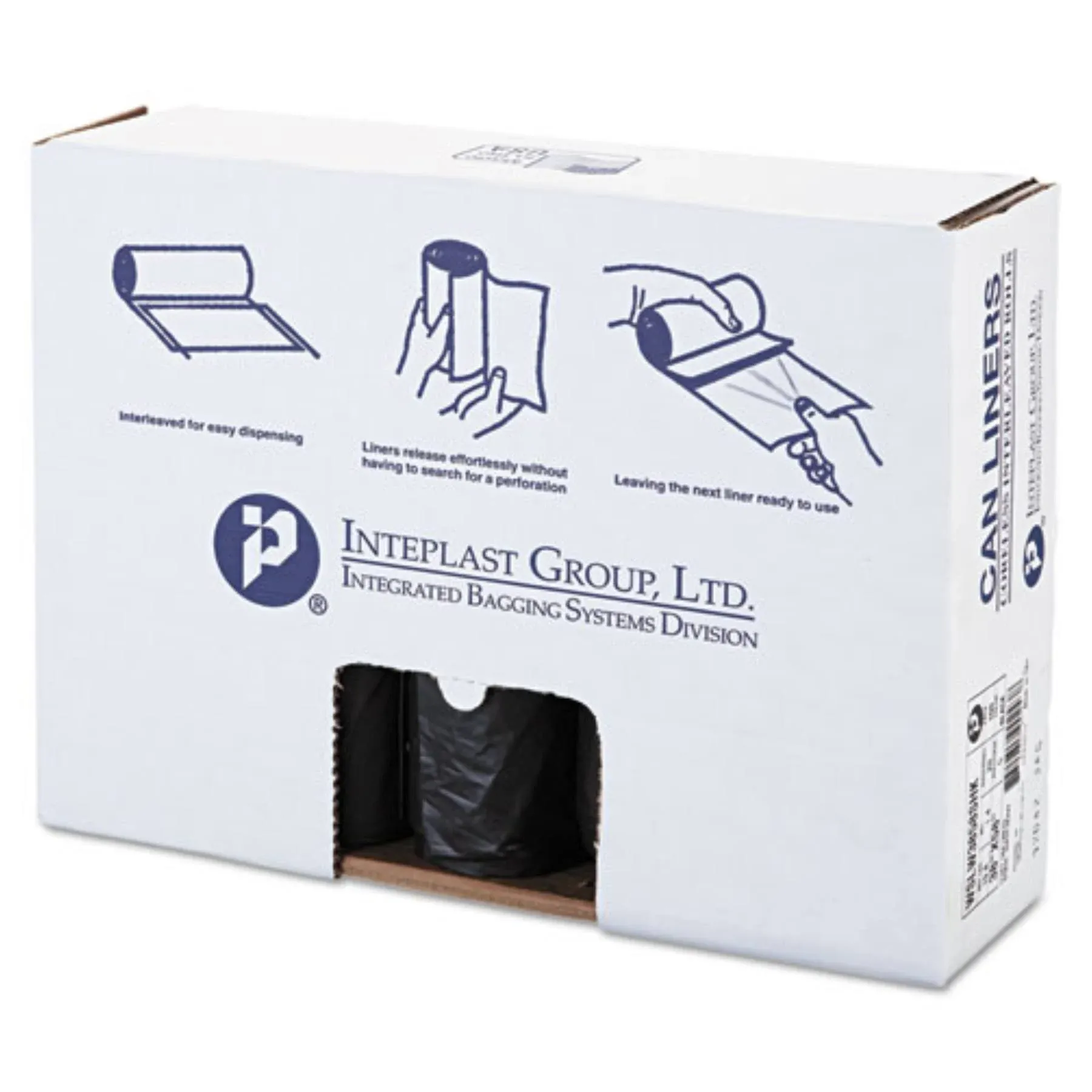 Inteplast Group Low-Density Commercial Can Liners, Coreless Interleaved Roll, 60 gal, 1.4 mil, 38&quot; x 58&quot;, Black, 20 Bags/Roll, 5 Rolls/Carton