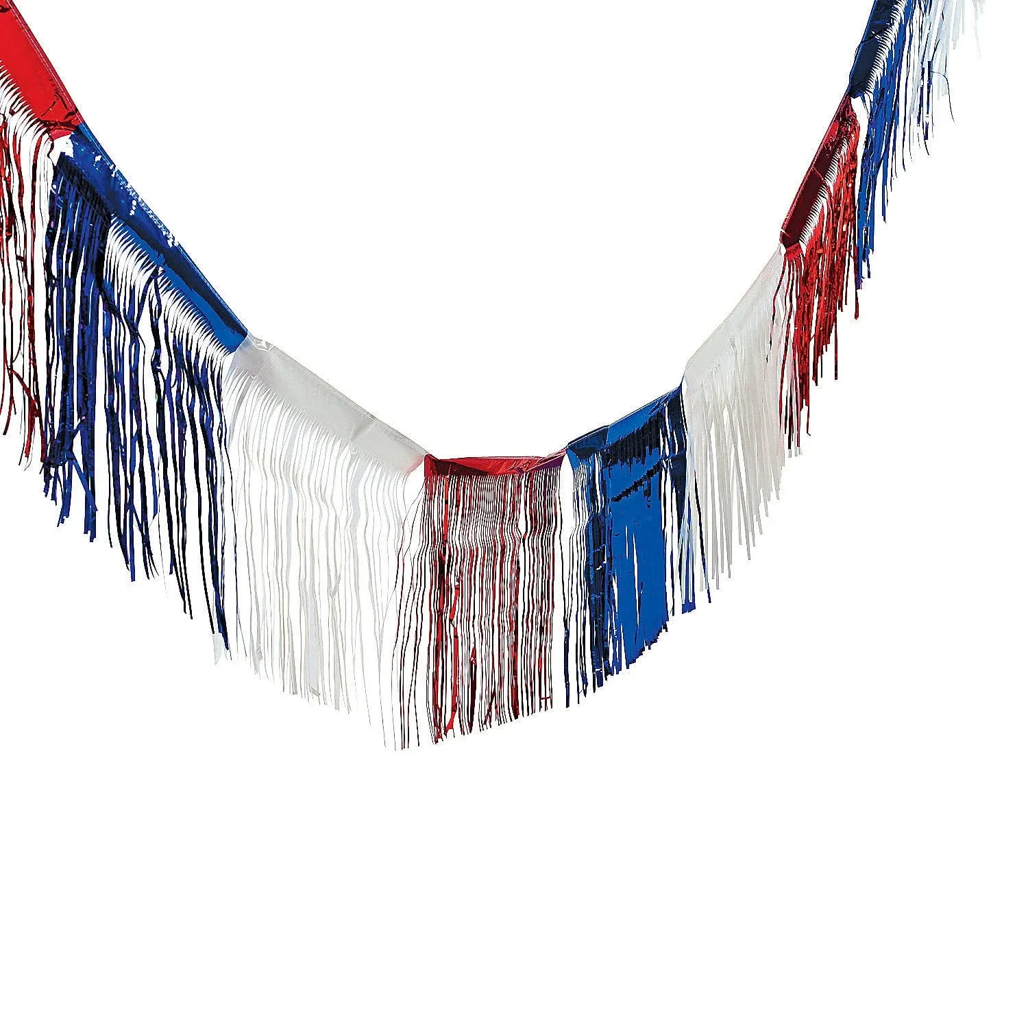 Fun Express Foil Patriotic Fringe for Fourth of July Party Decorations - 24 Ft Foil Fringe for Quick Decor - Make Your Parade Decorations with Red, White, & Blue - Durable Metallic Fringe, Quick Setup