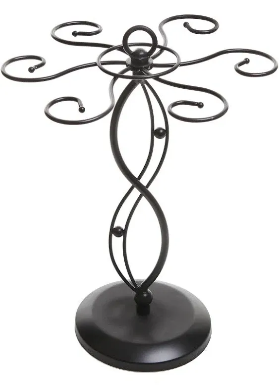 MyGift Black Metal Countertop Wine Glass Holder with Scrollwork Design, Freestanding Tabletop Stemware Storage Rack with 6 Hooks