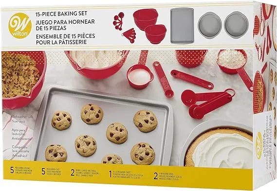 Wilton 15 piece baking set bowls, measuring cups , spoons, non-stick baking pans