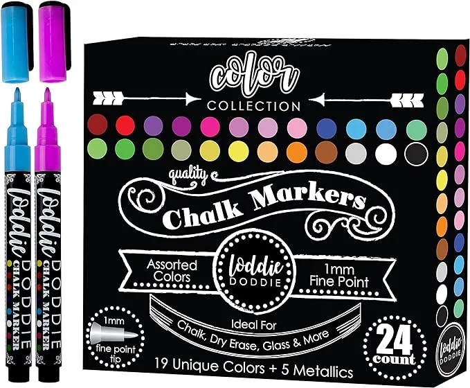 Loddie Doddie Liquid Chalk Markers - Pack of 24 - Dust Free, 1mm Fine Point Chalk Markers for Blackboards, Windows & Glass - Glass Marker - Erasable Ink Chalkboard Markers Pen - Chalk Pen