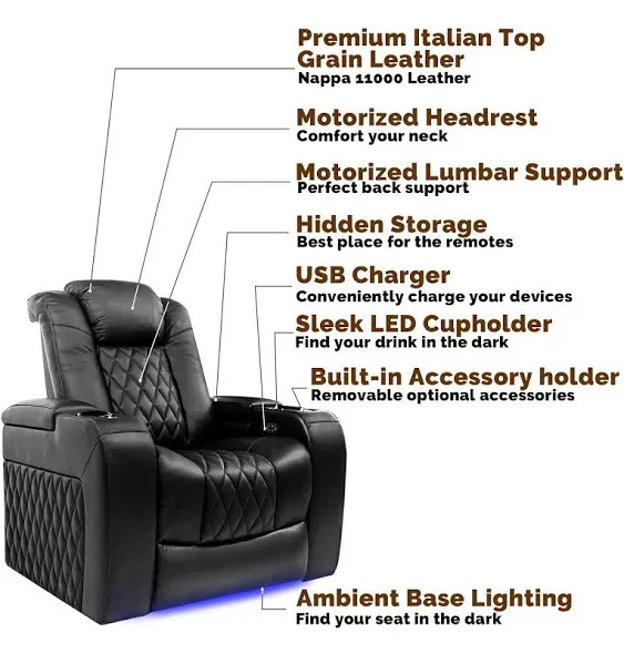 Valencia Tuscany Home Theater Seating | Premium Top Grain Italian Nappa 11000 Leather, Power Headrest, Power Lumbar Support, with Center Drop Down Console (Row of 3, Dark Chocolate)