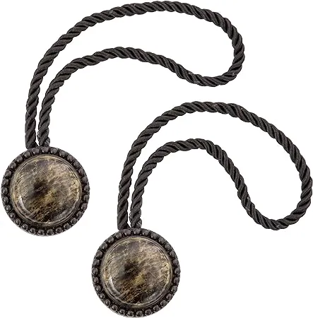 Kenney KN99726 Round Faux-Marble Magnetic Rope Tiebacks for Curtains and Drapes, 2-Pack, Brown Marble