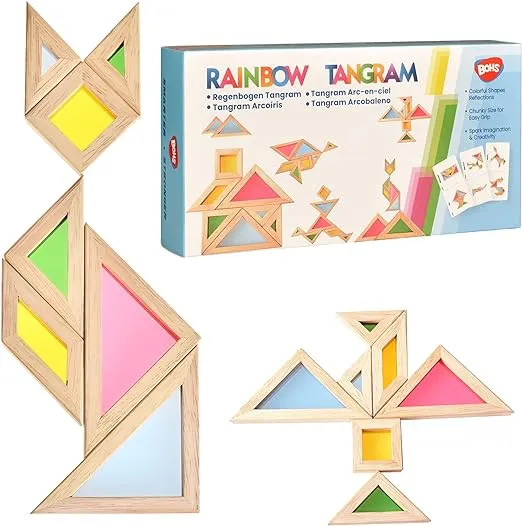 BOHS Translucent Tangram with Activity Cards - 1 Inch Thickness - Preschool Gift Pattern Block -Light Table Puzzle/Window Toys