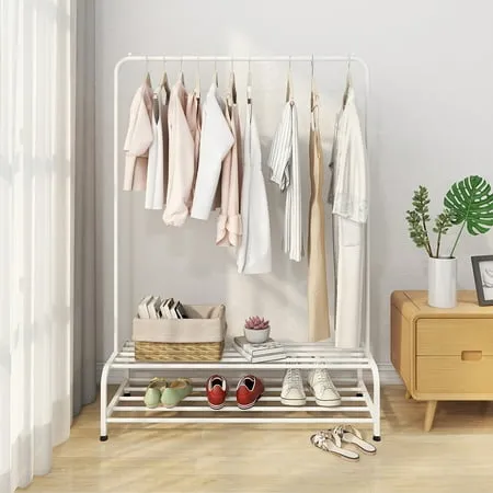 Kepooman Portable Garment Rack Freestanding Hanger with 2-Tier Shelves Home Metal Storage Clothes Rack with Bottom Shelves for Shoes Rack Organizer White