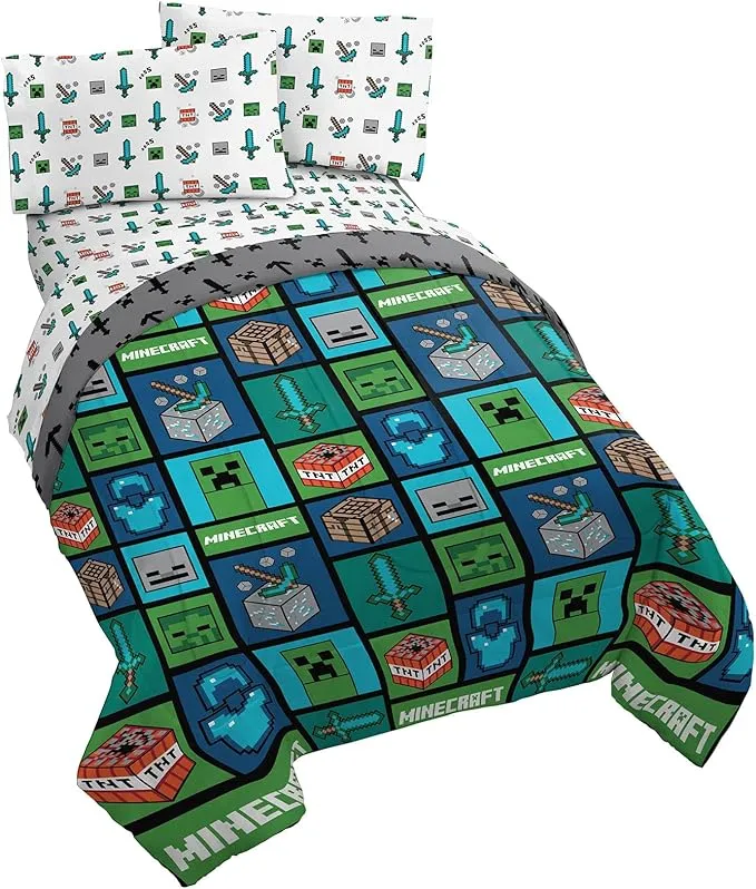 Jay Franco Minecraft Daytime 7 Piece Full Bed Set - Includes Comforter & Sheet Set - Bedding Features Alex and Steve - Super Soft Fade Resistant Microfiber - (Official Minecraft Product)