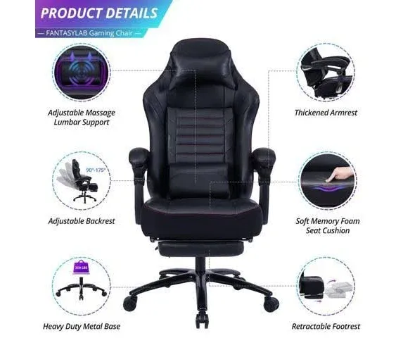 KILLABEE Big and Tall 400lb Massage Memory Foam Gaming Chair - Adjustable Tilt, Back Angle and Flip-Up Arms,High-Back Leather Racing Executive Computer Desk Office Chair, Metal Base