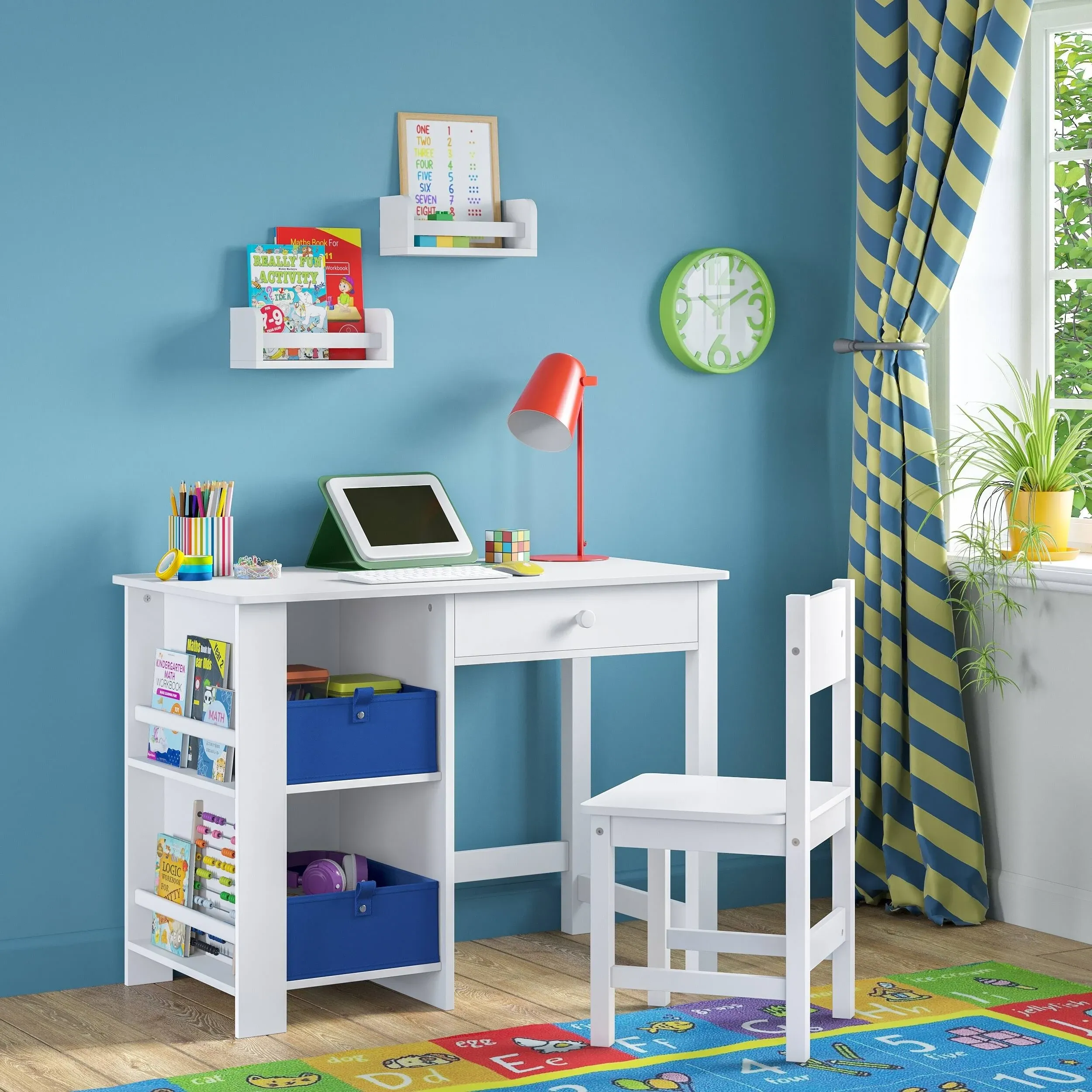 RiverRidge Kids Desk and Chair Set with Cubbies and Bookracks, White