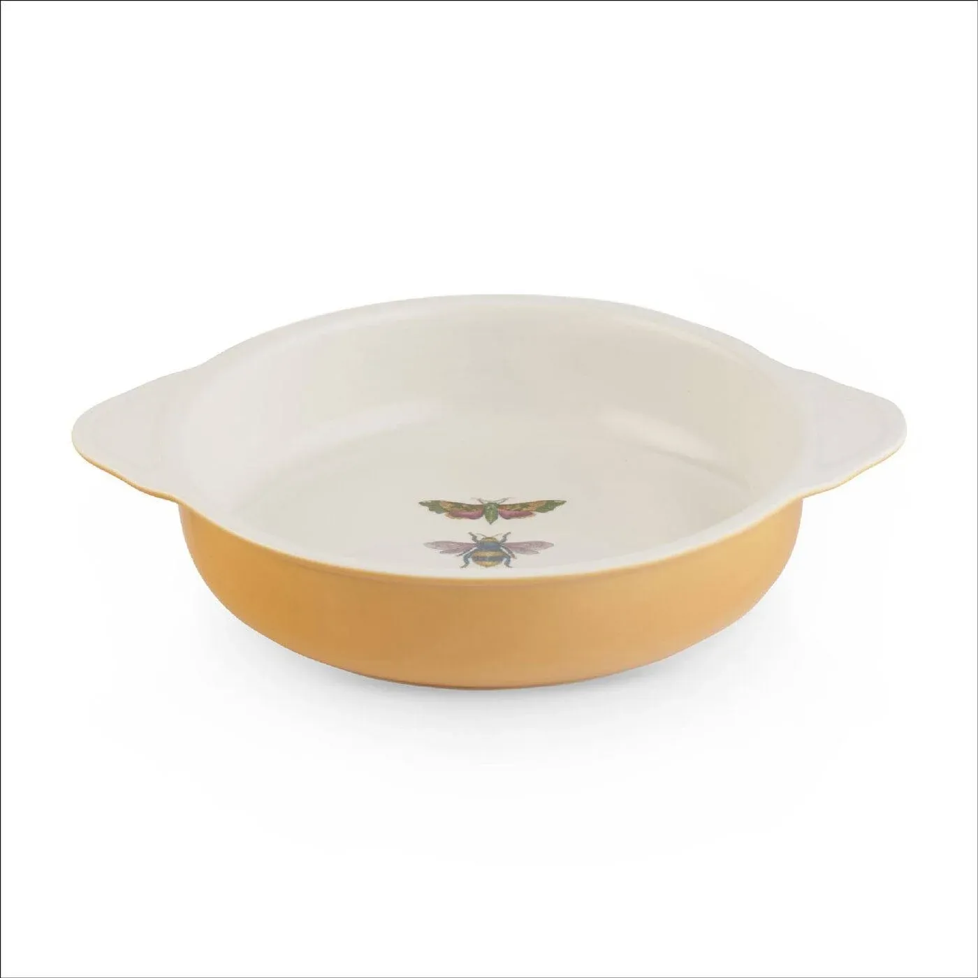 Portmeirion Botanic Garden Harmony 10” Round Baking Dish with Handles | Amber with Butterfly Motif | Porcelain | Dishwasher, Microwave, Freezer, Oven Safe