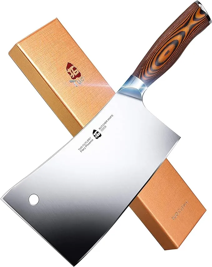 TUO Meat Cleaver - Heavy Duty Meat Chopper - High Carbon German Stainless Steel Butcher Knife - Pakkawood Handle Kitchen Chopping Knife - Gift Box - 7 - Fiery Phoenix Series