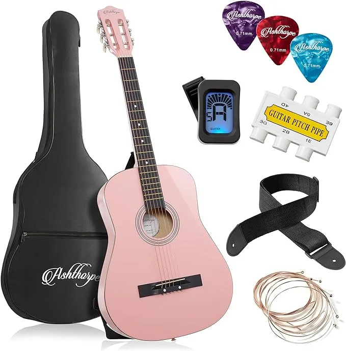 Ashthorpe 38-Inch Beginner Acoustic Guitar Starter Package, Pink