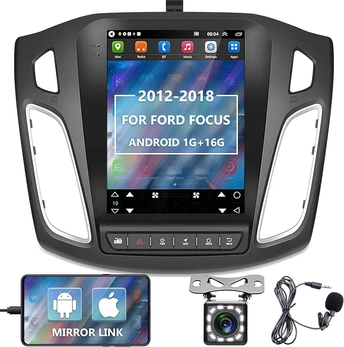 9.7 inch Android Car Stereo Radio for 2012 2013 2014 2015 2016 2017 2018 Ford Focus, Podofo Vertical HD IPS Touch Screen Bluetooth Radio with Mirror Link GPS Navigation Wifi FM Radio Backup Camera Mic