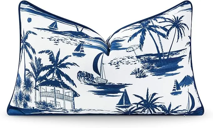 Coastal Hampton Style Indoor Outdoor Lumbar Pillow Cover, Beach Scene, Navy Blue, 12"x20"