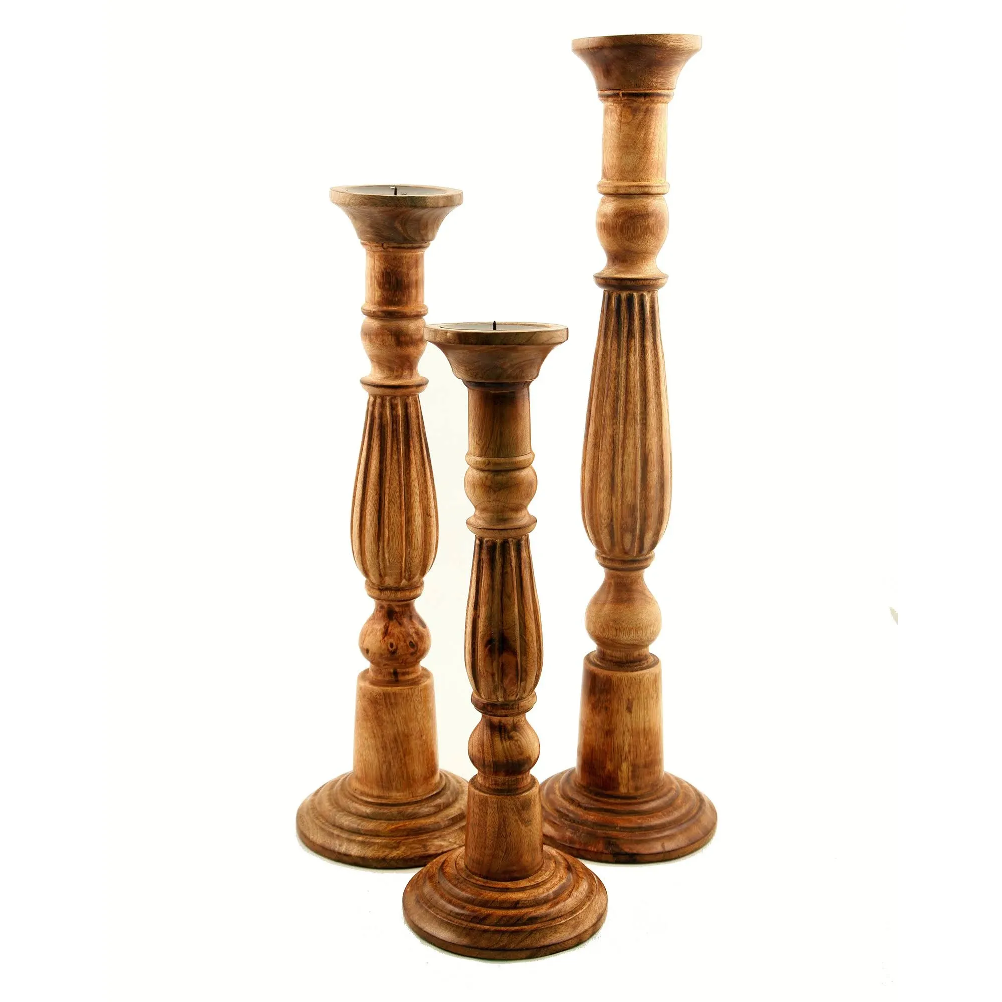 Benzara Wooden Natural Finish Pillar Shaped Candleholder, Set of 3, Brown