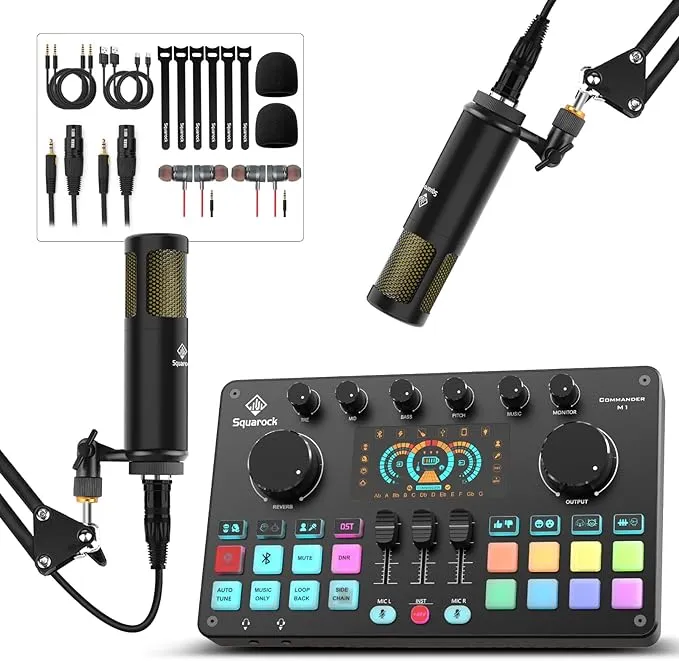 Squarock Podcast Equipment Bundle, Audio Interface All-In-One DJ Mixer with S...