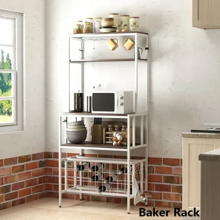 KOFUN Wine Rack with Glass Holder Free Standing 5-Tier Baker Rack Wine Cabinet with Storage Wine Bottle Organizer for Kitchen Dining Room