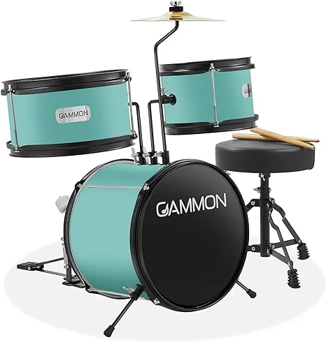 Gammon 3-Piece Junior Drum Set with Throne - Teal, Complete Beginner Kit with Bass Drum, Toms, Cymbal, Pedal, and Drumsticks