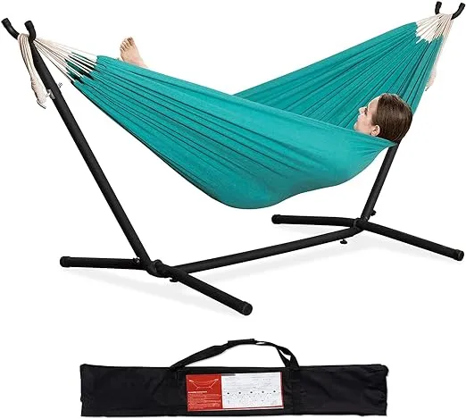 PNAEUT Double Hammock with Space Saving Steel Stand 2 Person Heavy Duty Garden Yard Outdoor 450lb Capacity Hammocks and Portable Carrying Bag (Aqua)