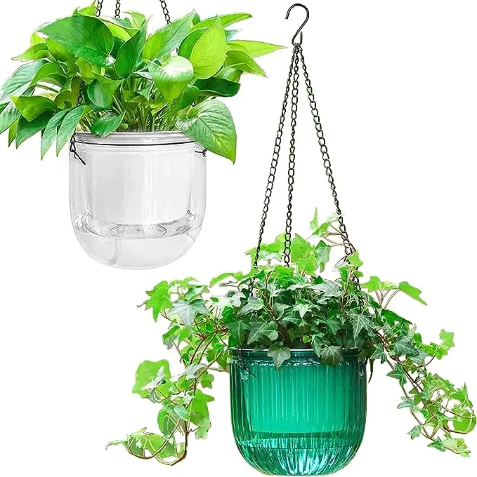 Melphoe 2 Pack Self Watering Hanging Planters Indoor Hanging Flower Pots, 6.5 Inch Outdoor Hanging Plant Pot Basket, Plant Hanger with 3Hooks Drainage Holes for Garden Home (Transparent)