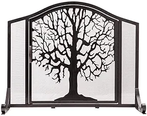 Plow & Hearth Metal Fireplace Screen Tree of Life Black | 38" W x 31" H | Flatguard | Spark Guard Grate | Iron Fire Place Cover | Wood Stove Accessories