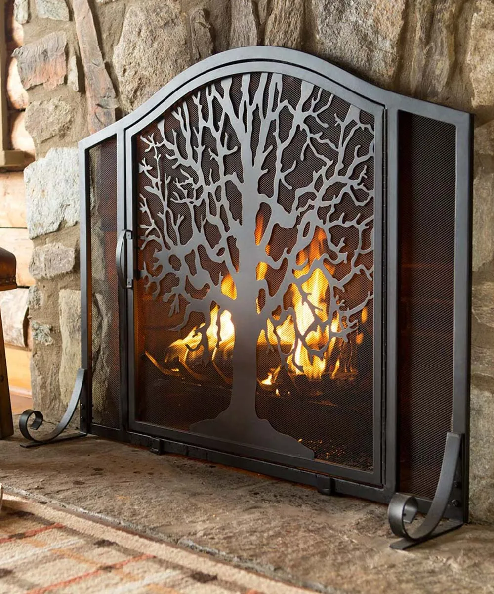 Plow & Hearth Fireplaces - Black Tree Of Life Single-Door Fire Screen