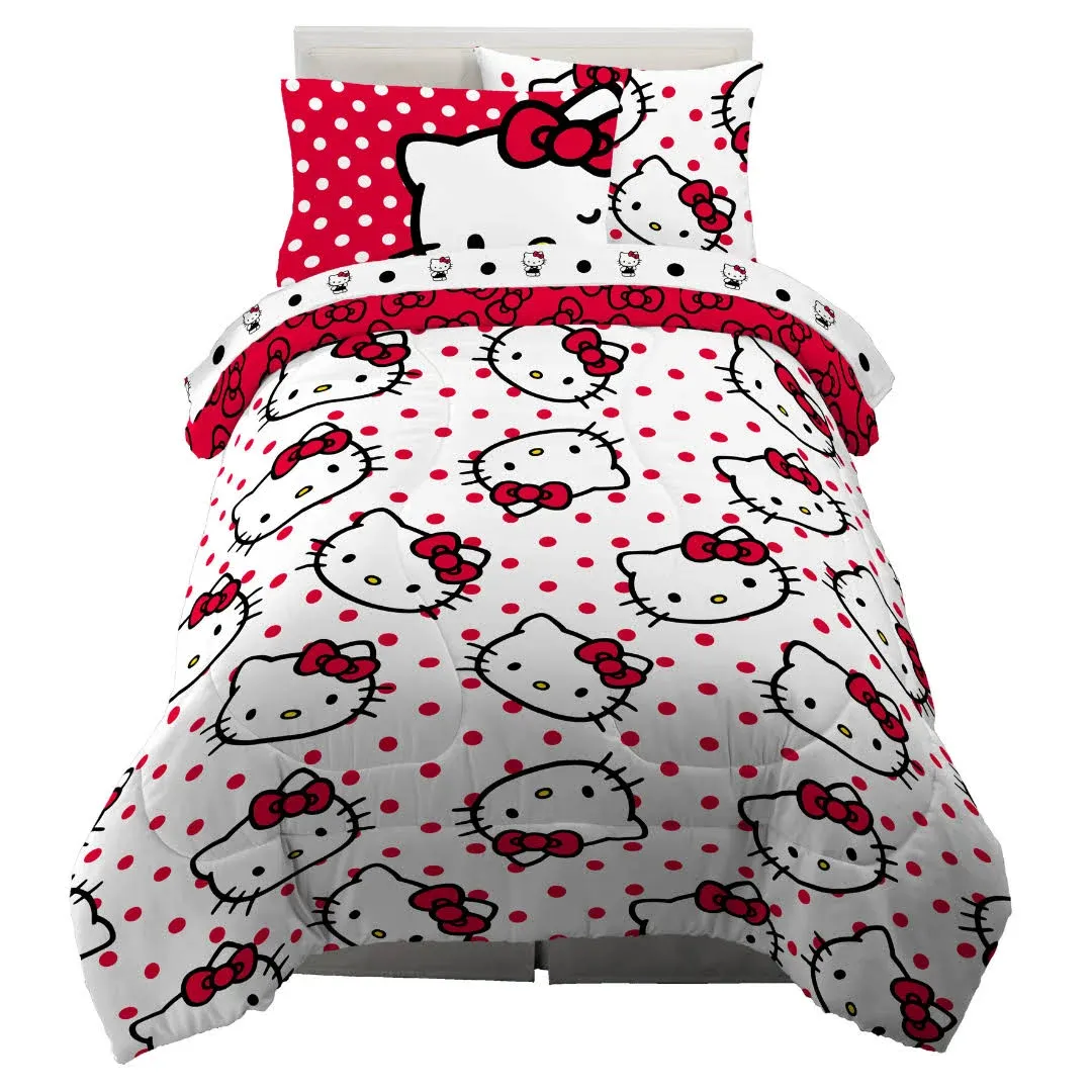 Franco Collectibles Sanrio Hello Kitty Polka Dot Bedding 7 Piece Super Soft Comforter and Sheet Set with Sham, Queen, (100% Official Licensed Product)