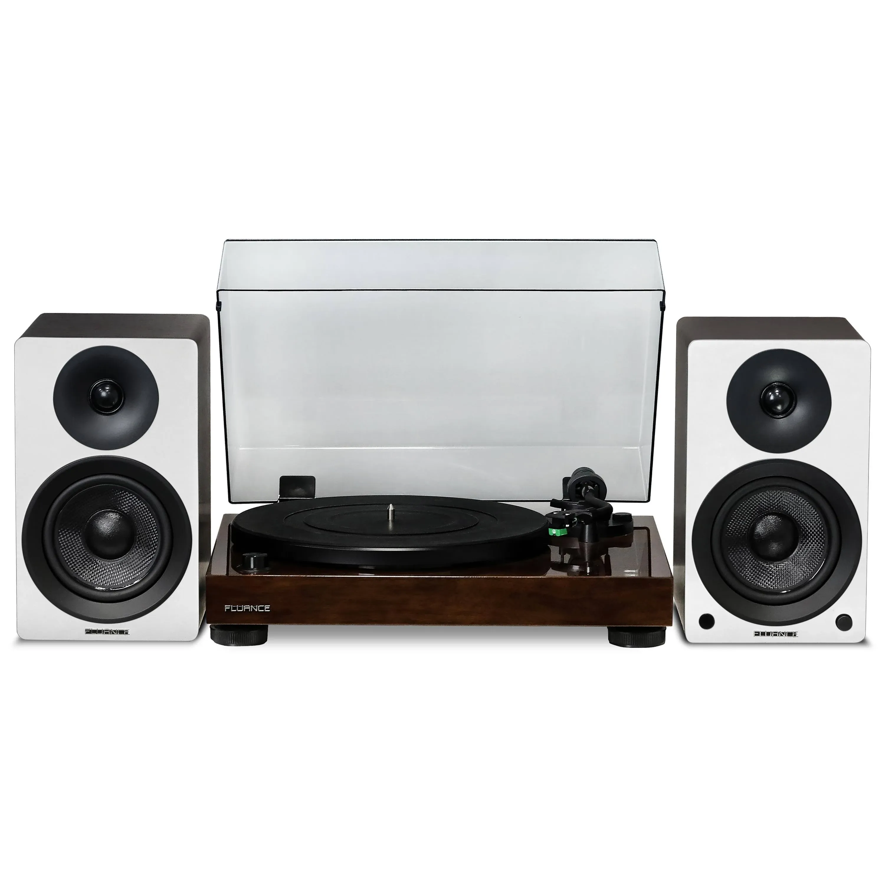 Fluance RT81 Elite High Fidelity Vinyl Turntable (Walnut) with Ai41 Powered 5" Stereo Bookshelf Speakers (White Walnut), Diamond Stylus, Belt Drive, Built-in Preamp, 90W Class D Amplifier, Bluetooth