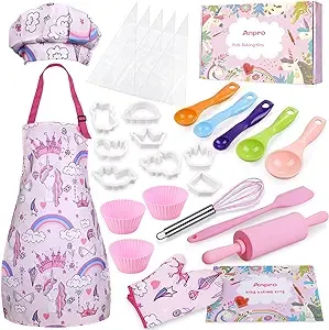 Anpro Complete Kids Cooking and Baking Set, 27 Pcs Aprons for Girls, Chef Hat, Mitt & Utensil to Dress up Chef Costume Career Role Play for 3-7 Years Girls, Plastic