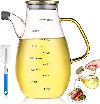 Large Glass Olive Oil Bottle, 1100ML Oil Dispenser Bottle for Kitchen, Vinegar Dispenser, Cooking Oil Condiment Containers with Measurement