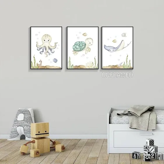 Yuaruo Ocean Animal Nursery Canvas Wall Art, 3 Piece Under The Sea Artwork Poster, Cute Life Aquatic Turtle Octopus Print Painting Decor for Baby Bedroom Playroom Classroom 12x16in Unframed