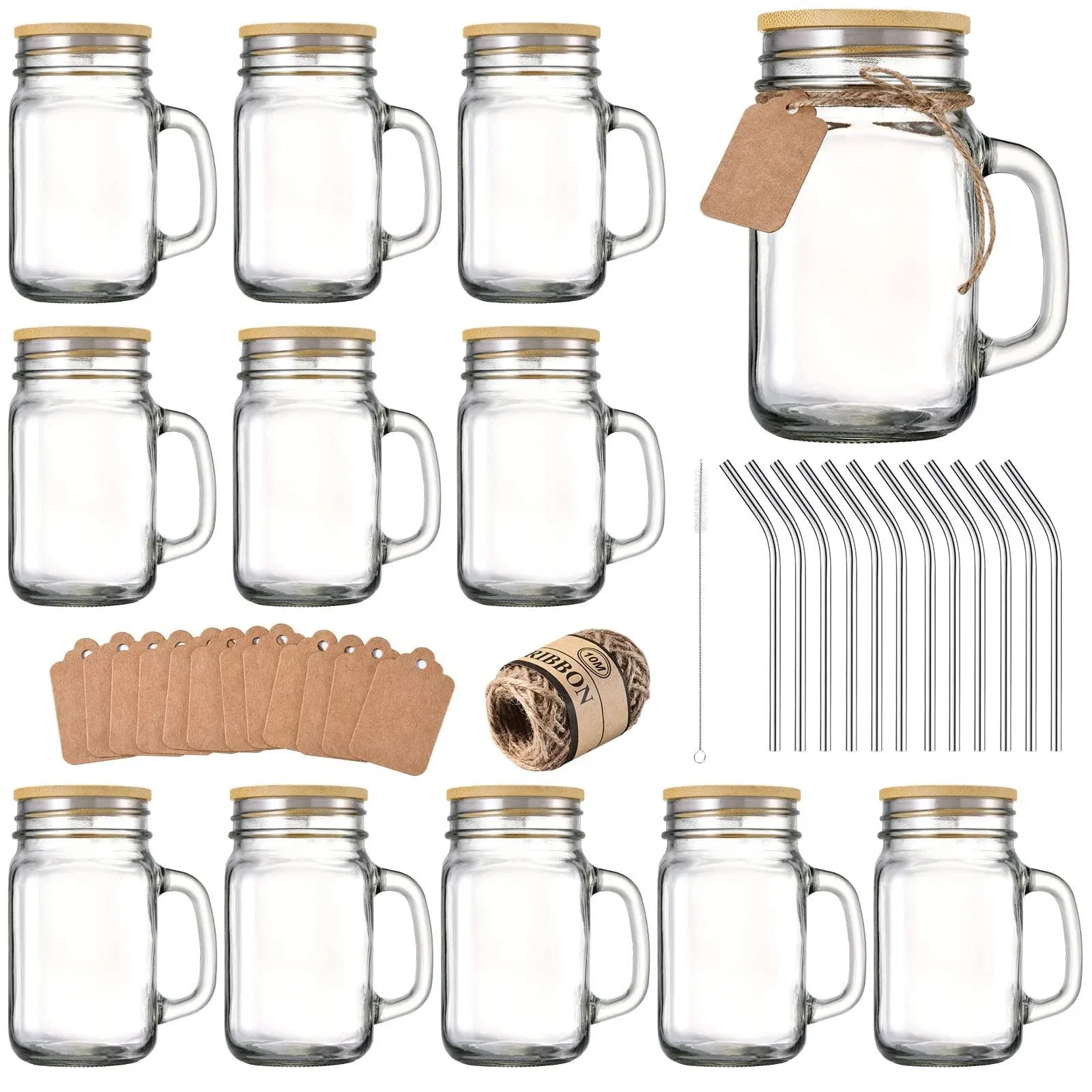 Mason Jar with Lid and Straw, Mason Jar Cups,Mason Jar Drinking Glasses,16 oz Mason Jars with Handle,Mason Jar Glasses Set of 12