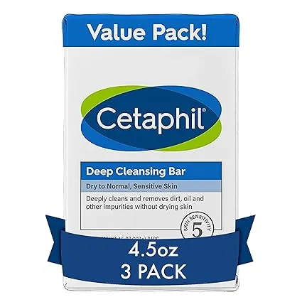 Cetaphil Deep Cleansing Bar Soap, Face and Body Bar, 4.5 oz Bars, Pack of 3