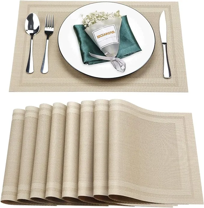 Placemats Set of 8,Washable,Heat and Stain Resistant Indoor/Outdoor Place mats, Vinyl Woven Non Slip Table Mats for Restaurant Table Protection, PVC Table Placemats.(Beige, 8PCS)