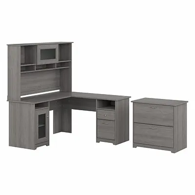 Bush Furniture Cabot 60W L Shaped Computer Desk with Hutch and Lateral File Cabinet in Modern Gray-CAB005MG