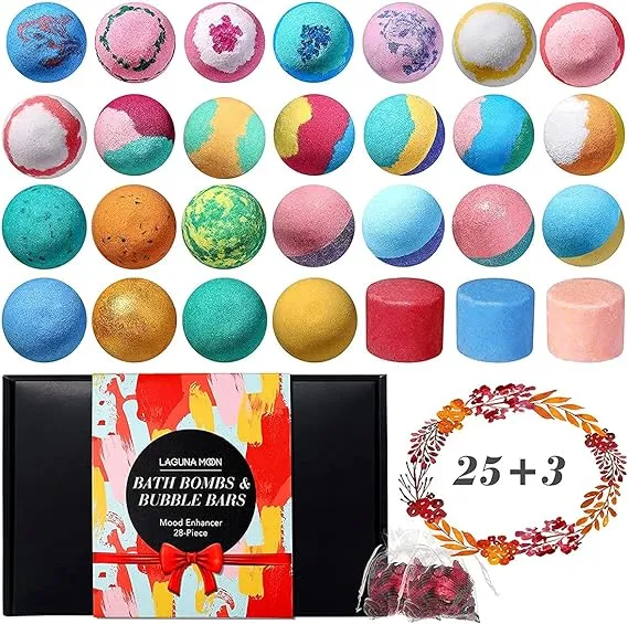 Bath Bombs - 25 Extra Large Pcs + 3 Bubble Bars & Dried Flowers - Bubble Bath Shower Salts for Women, Men & Kids - Relaxing Bathbombs Gift Set Bath Essentials Shower Steamers