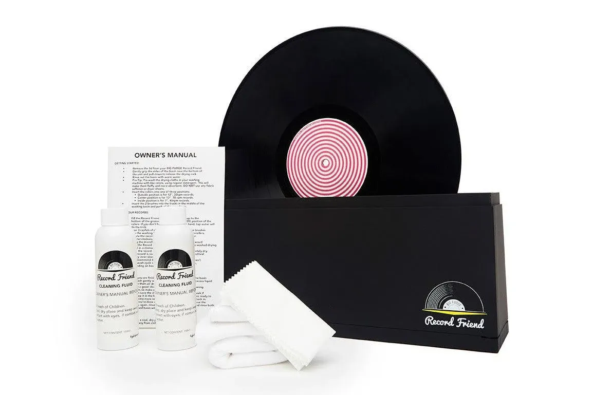 Big Fudge Vinyl Record Cleaning Kit for Vinyl Records - Includes Cleaning Machine & Vinyl Record Cleaning Care Solution - Microfiber Cloth & Rack for Record Player Accessories