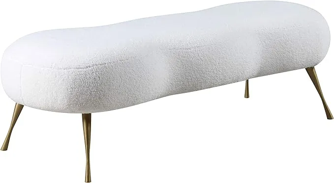 Meridian Furniture Nube Collection Modern | Contemporary White Faux Sheepskin Fur Upholstered Bench with Gold Sturdy Legs, 54" W x 21" D x 18" H