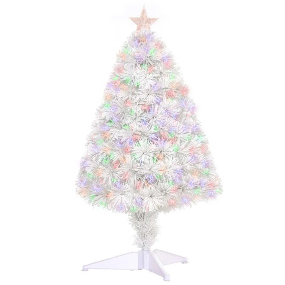 HOMCOM 2ft Tall Pre Lit Douglas Fir Tabletop Artificial Christmas Tree Realistic Branches Fiber Optic LED Lights and 85 Tips White