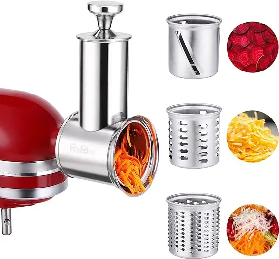 Stainless Steel Slicer Shredder Attachments for KitchenAid Stand Mixers, Dishwasher Safe, Large Vegetable Cheese Grater Slicer Accessories with 3 Blades by Rafbar