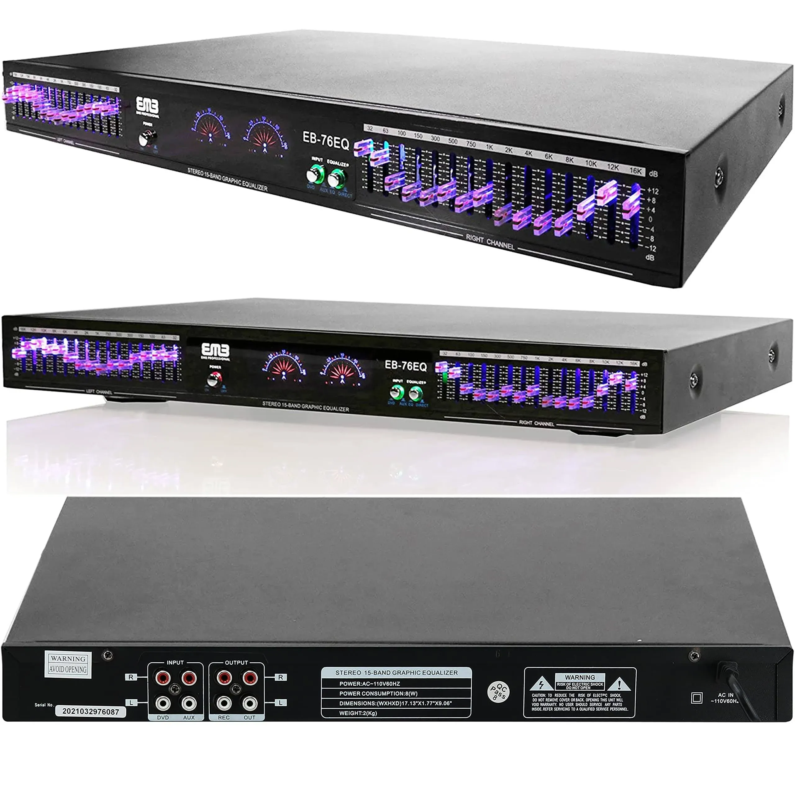 Emb Eq76 19" Rack Mount Dual 15 Band 4 Input Stereo Graphic Equalizer Pro Dj