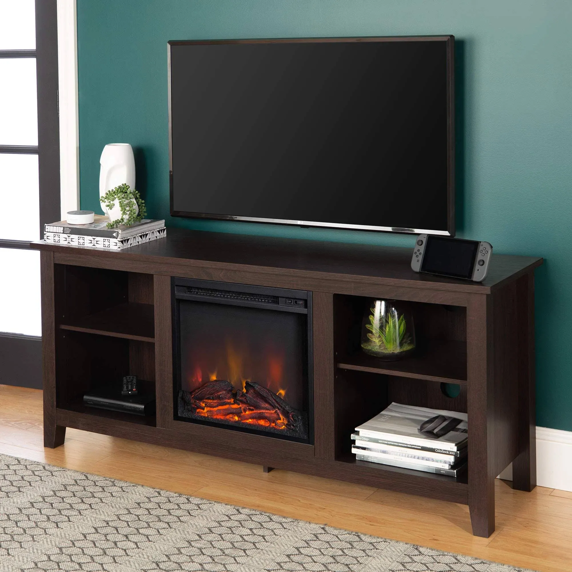 Walker Edison Wren Classic 4 Cubby Fireplace TV Stand for TVs up to 65 Inches, 58 Inch, Espresso