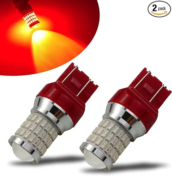 iBrightstar Newest 9-30V Flashing Strobe Blinking Brake Lights 7440 7443 T20 LED Bulbs with Projector Replacement for Tail Brake Stop Lights, Brilliant Red