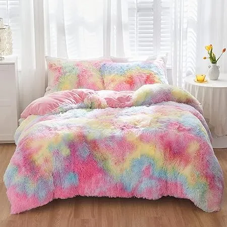 SUCSES Faux Fur Fluffy Girls Twin Bedding Set 3 Pieces Plush Shaggy Rainbow Duvet Cover Sets Colorful Tie Dye Furry Fuzzy Comforter Cover Set for Bedroom Decor (Pink Pastel, Twin Size)