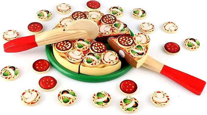 Vomocent Wooden Pizza Play FoodPretend Cutting Food ToysKids Pizza Set Most C...