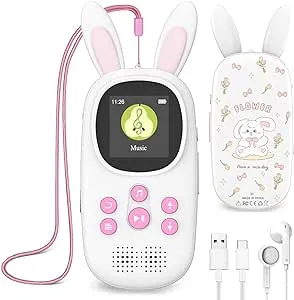 16GB Music MP3 Player for Kids, Cute Bunny Kids Music MP3 Player with Bluetooth, MP3 & MP4 Players with Speaker, MP3 Player with FM Radio, Recordings, Alarm, Pedometer, Stopwatch, Support up to 128GB